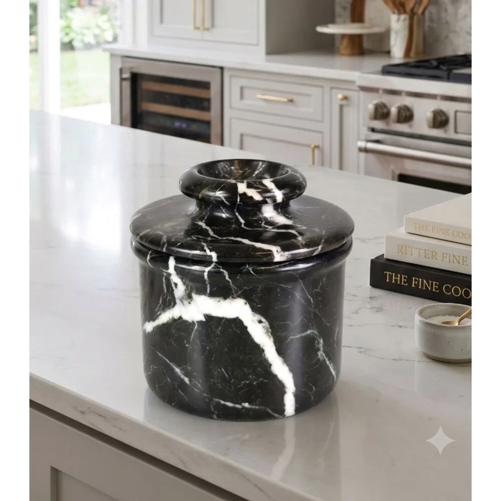 Marble Butter Dish with Lid Handmade Black French Kitchen Butter Crock Keeper